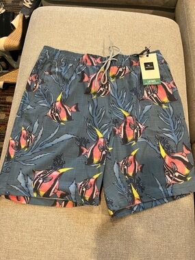 Quiksilver Men’s Blue Swim Trunks with Pink & Yellow Tropical Fish flow volley